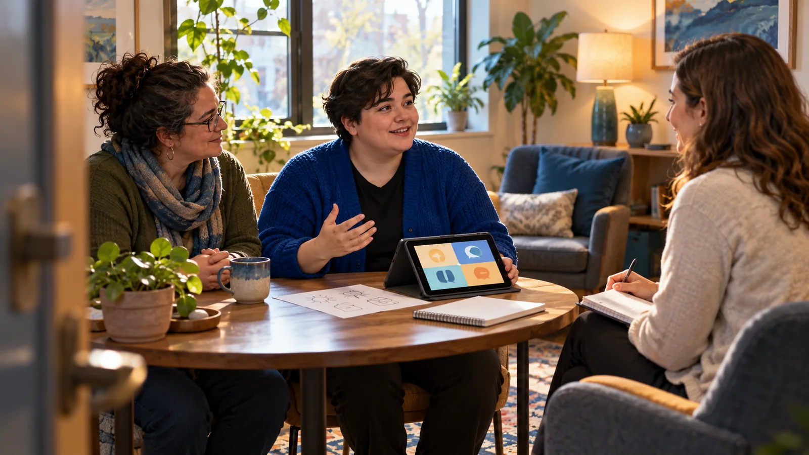Illustration of an adult using speech and a communication tablet during a first appointment with a clinician and chosen support person.