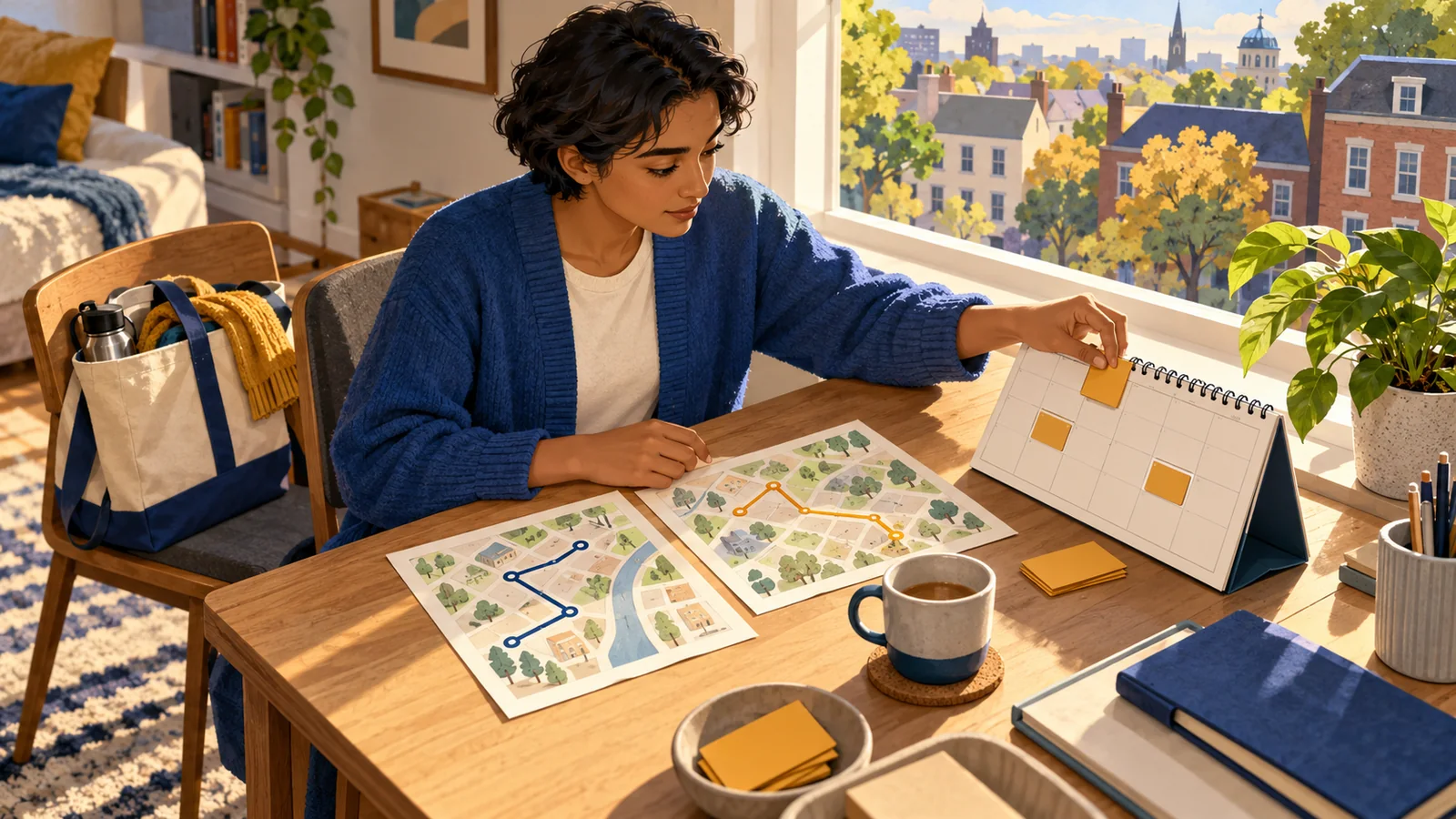 Illustration of an adult comparing route sketches and moving a card on a calendar at a home desk.