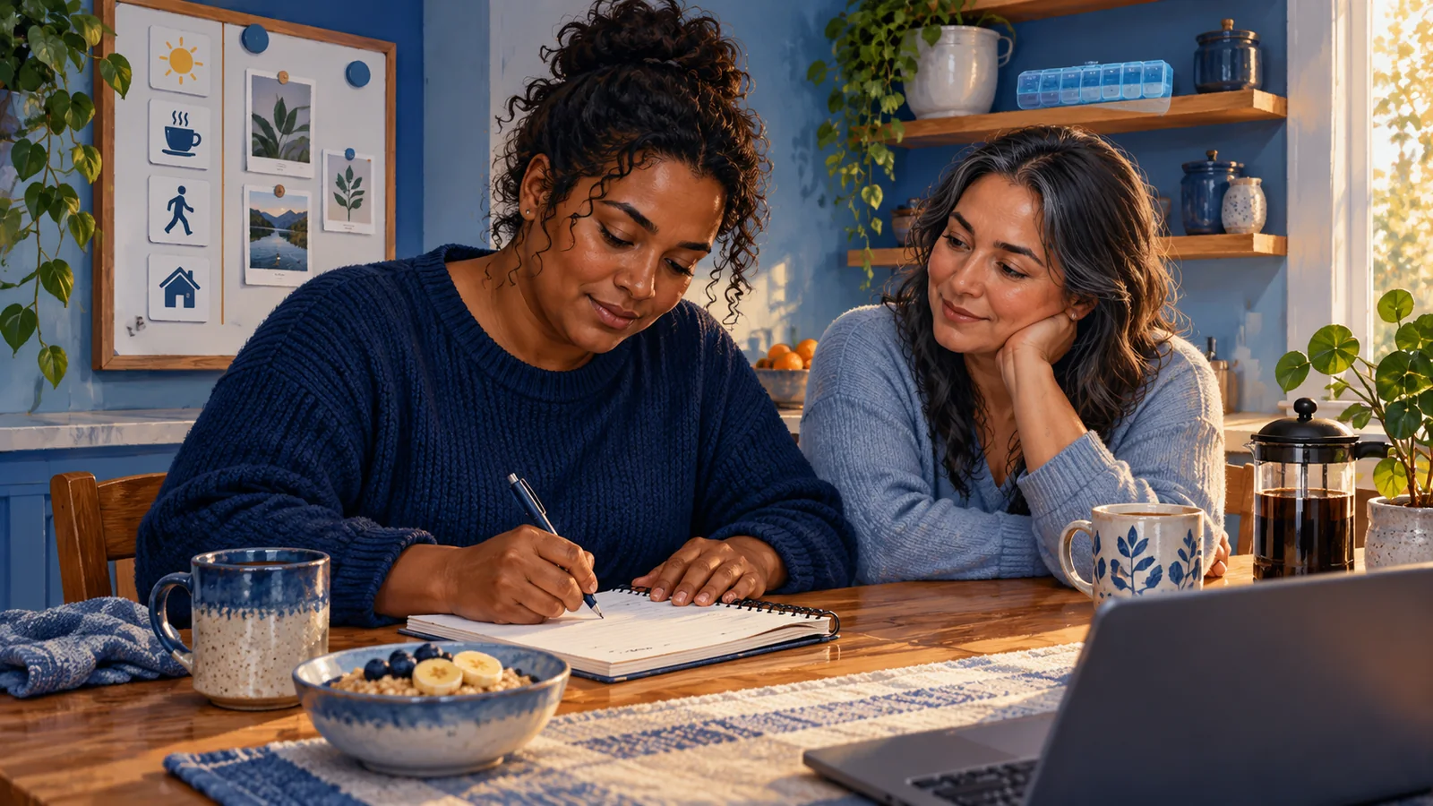 Illustration of an adult writing factual everyday examples with a chosen companion at a kitchen table.