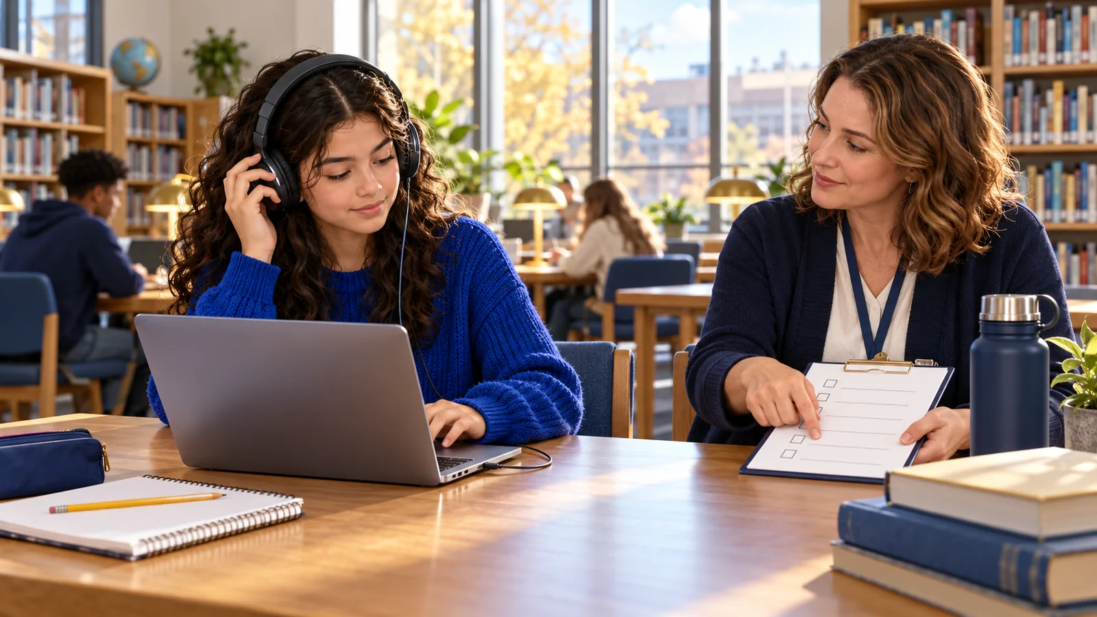 Illustration of a teenager exploring a laptop and headphones with a teacher beside a plain checklist.