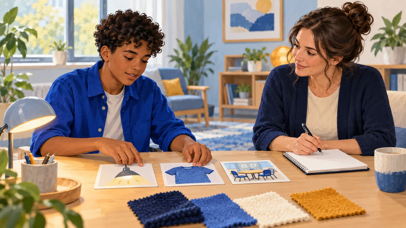 Illustration of a teenager and occupational therapist discussing pictorial cards, lighting and fabric textures.
