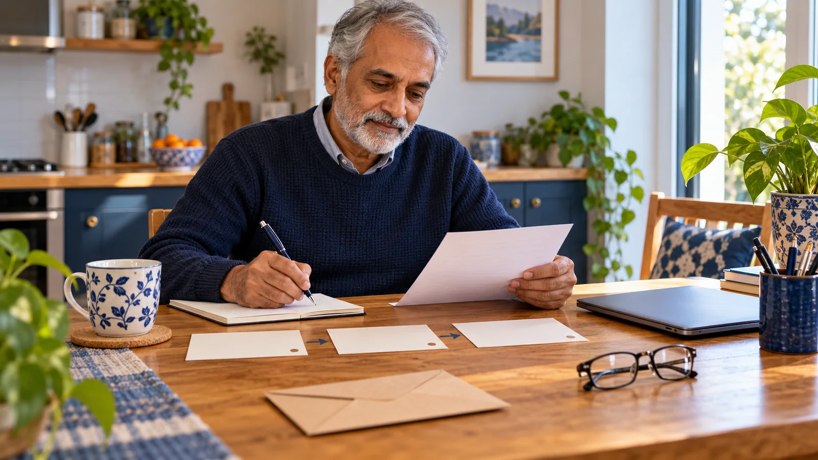 Illustration of an older adult preparing a feedback letter with three cards arranged as a chronology.