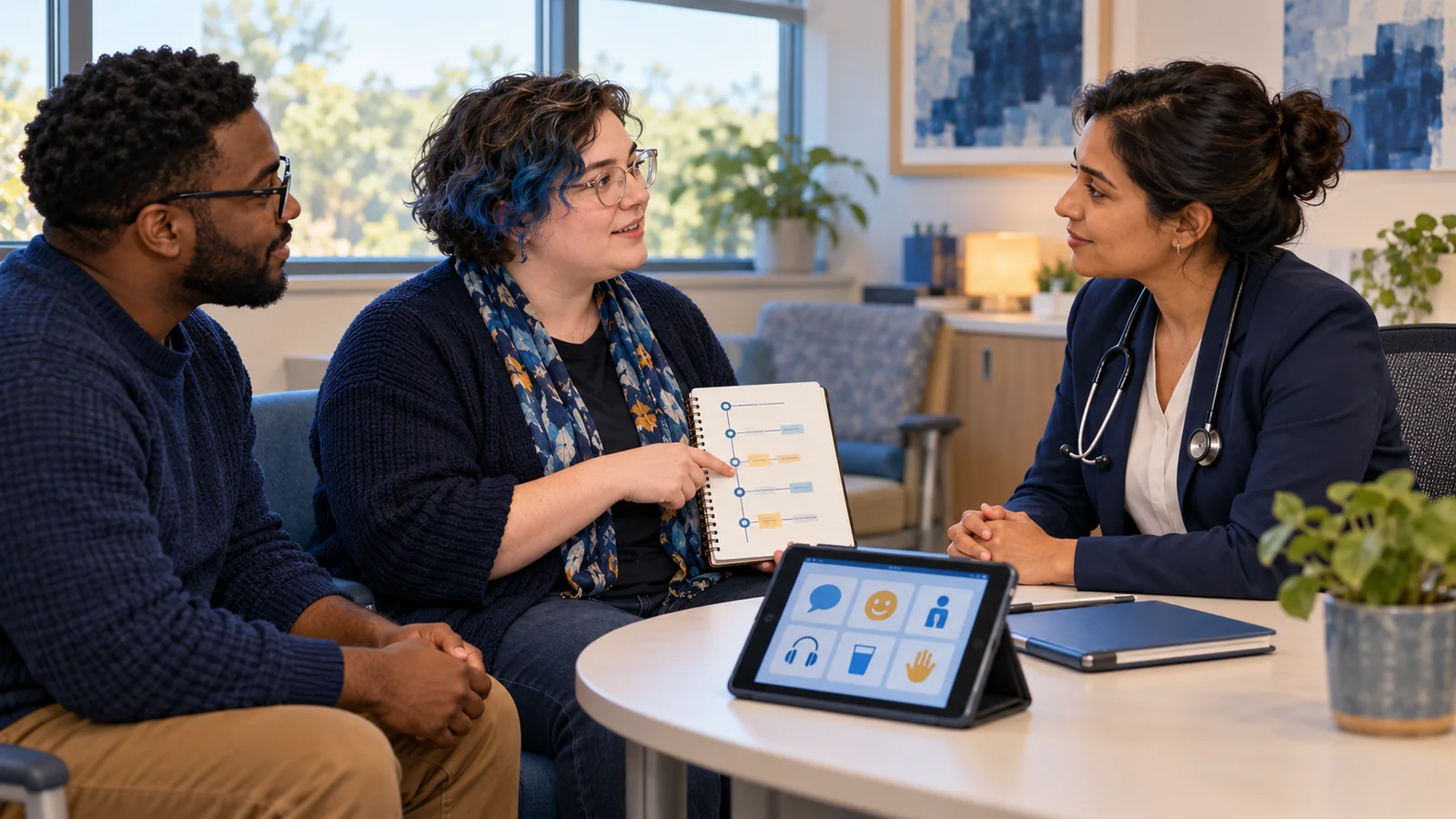 Illustration of an adult sharing a concise health timeline with a physician while a communication tablet and chosen companion are nearby.