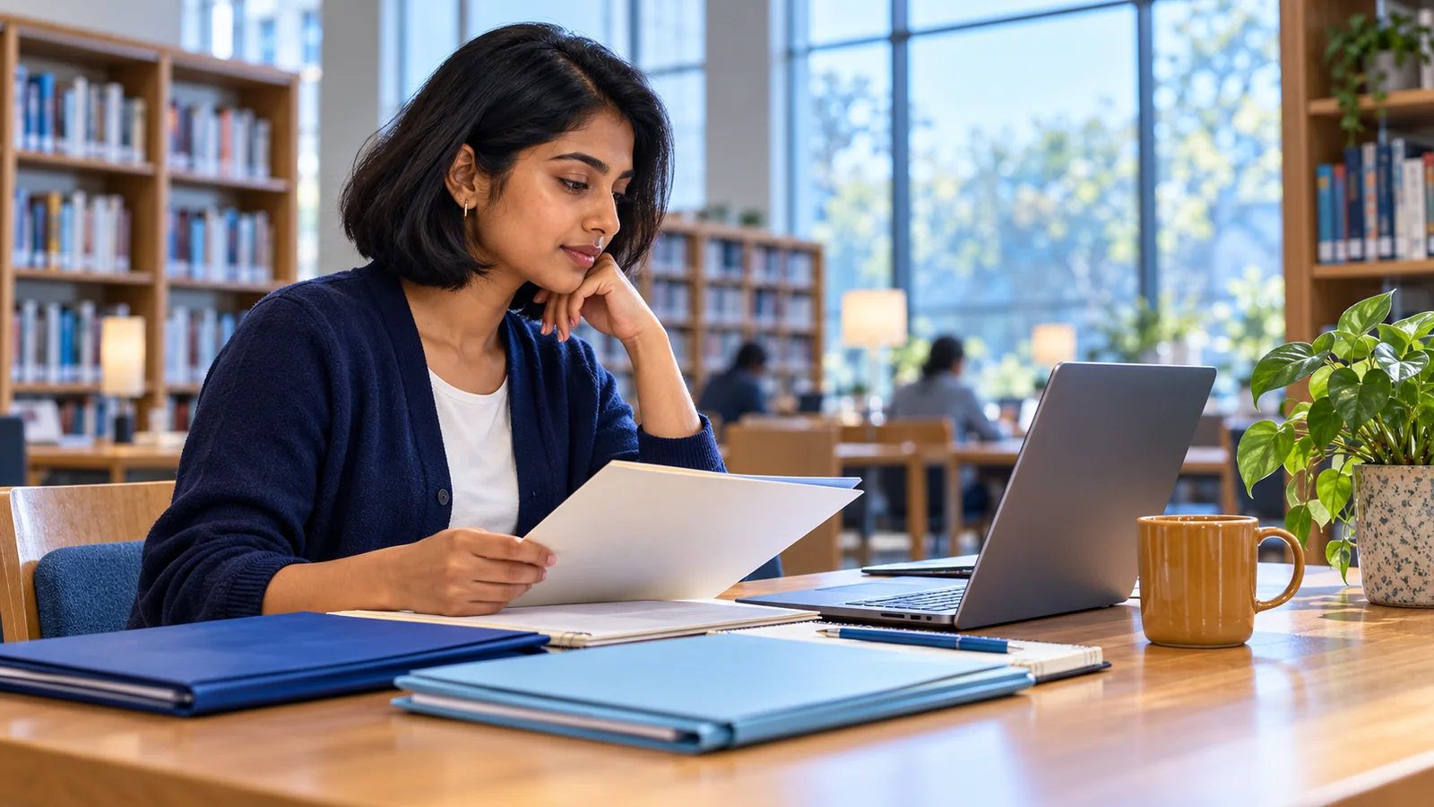 Illustration of a university student reviewing documents and a laptop at a quiet library desk.