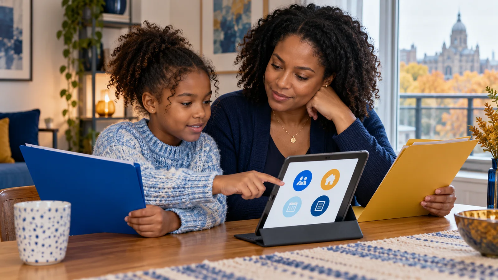 Illustration of a parent and daughter reviewing two folders and a tablet together at home.