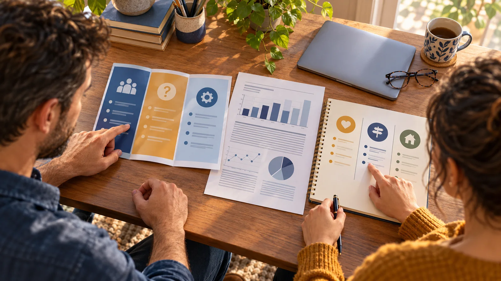 Illustration of two adults comparing a service brochure, research paper and personal-priorities notebook at a desk.
