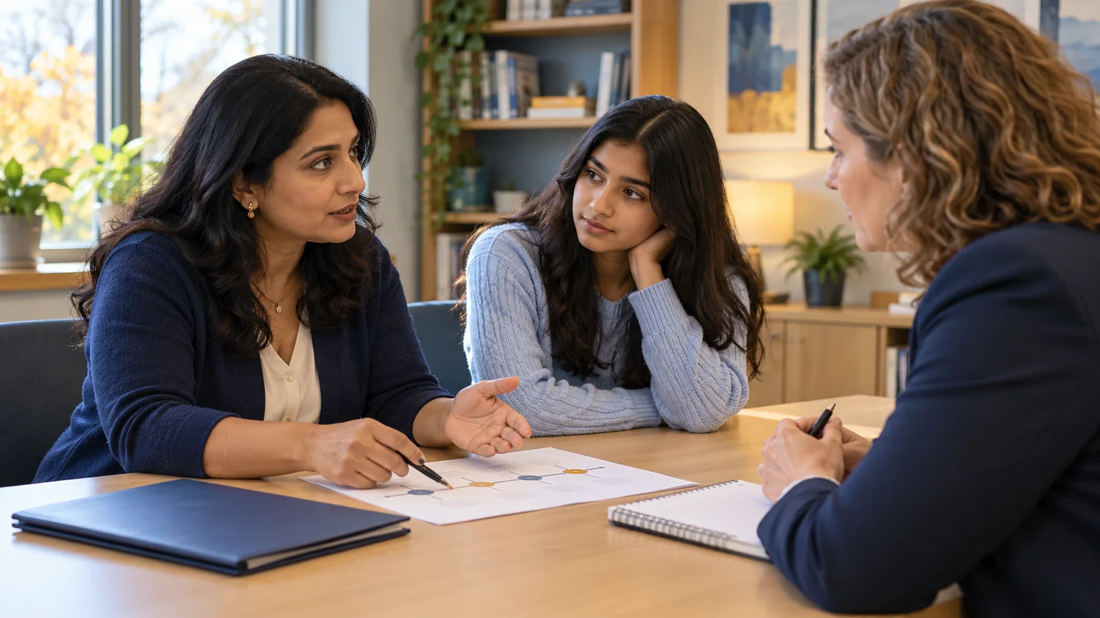 Illustration of a parent and teenager discussing a short timeline with a school administrator.