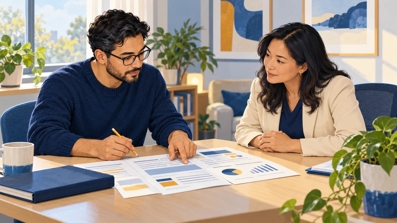 Illustration of a parent and clinician discussing sections of a generic assessment report.