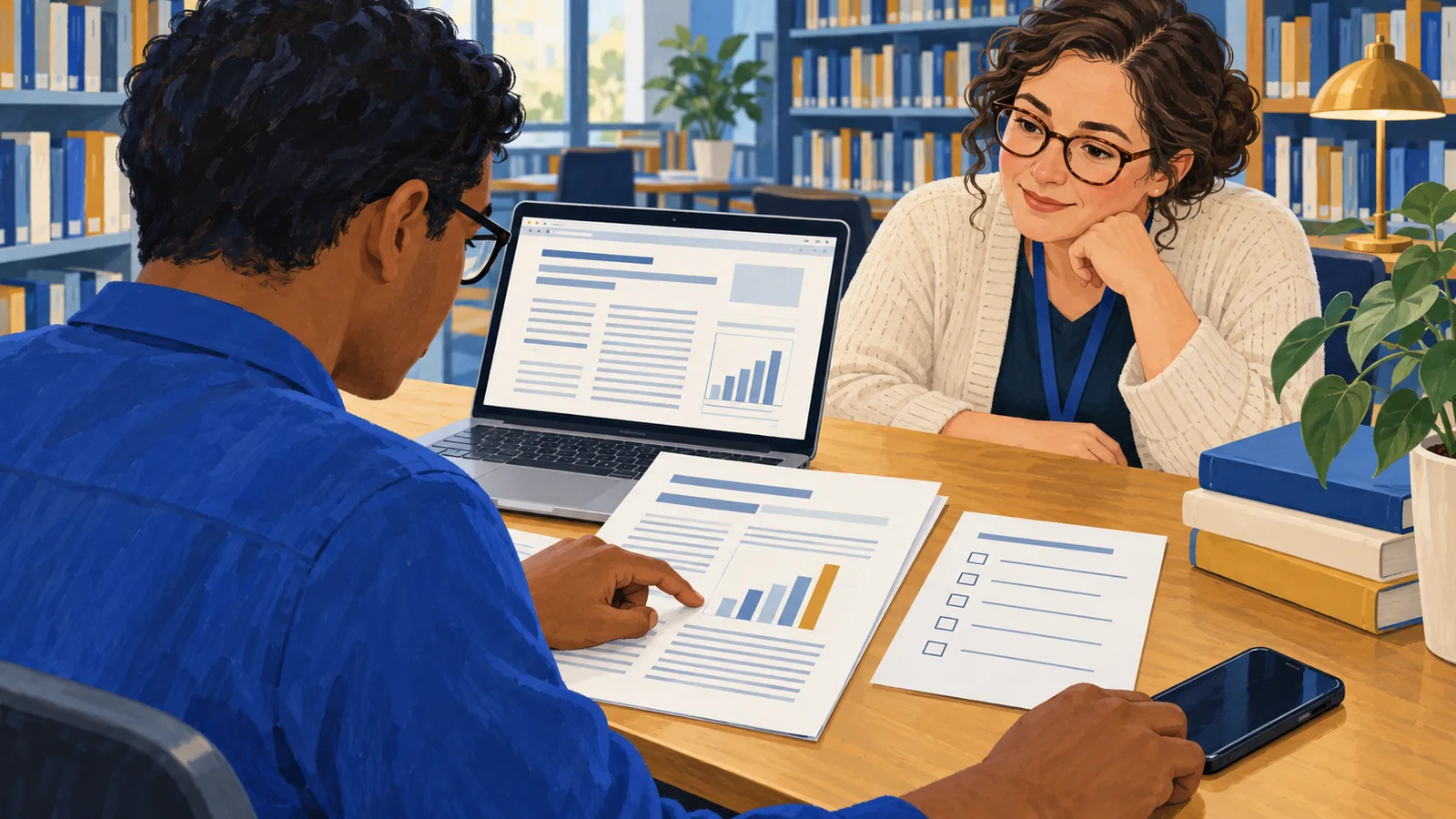 Illustration of an adult and librarian comparing a research page, printed chart and checklist at a library desk.