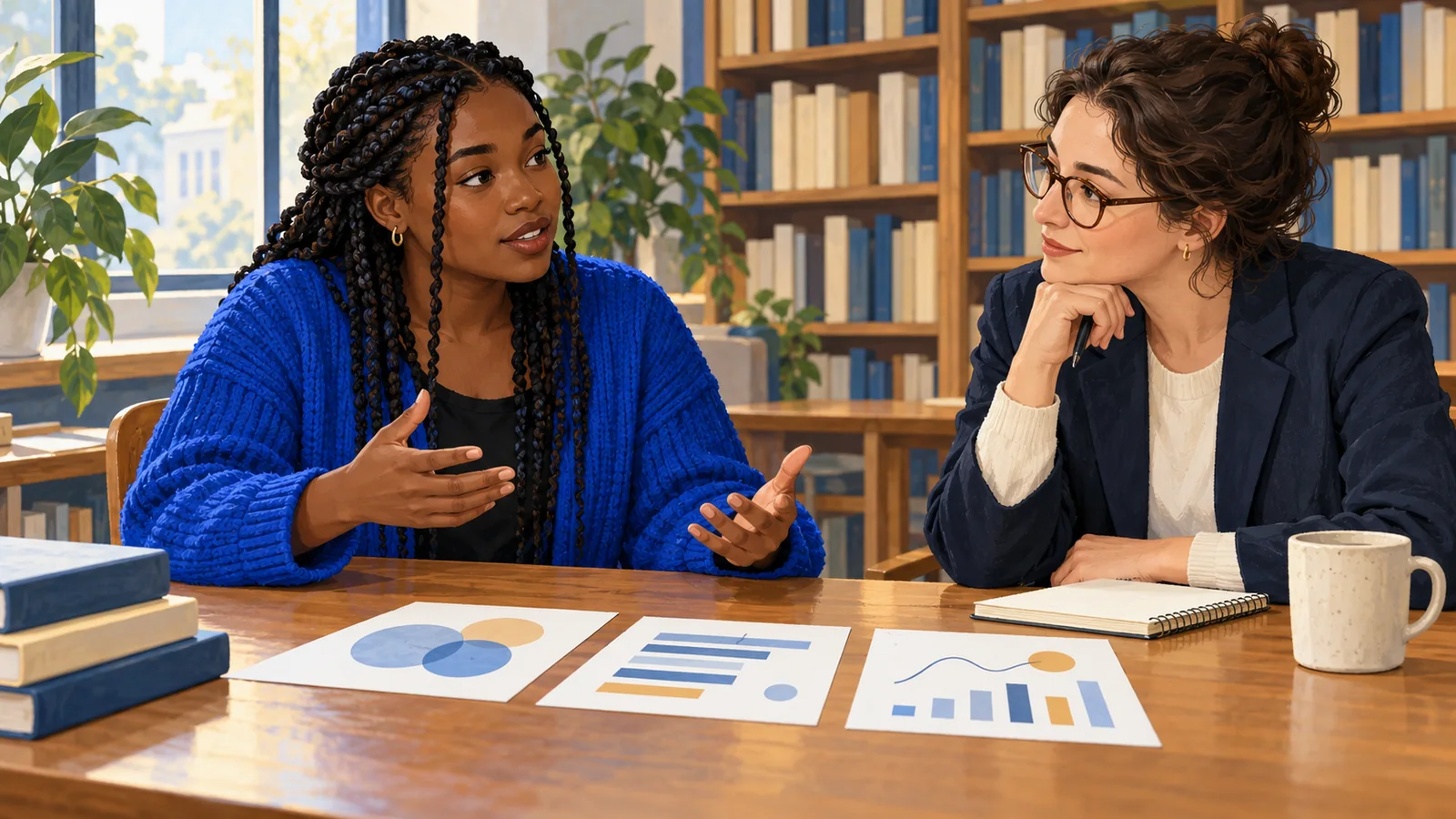 Illustration of an adult discussing abstract research summaries with a researcher in a library.