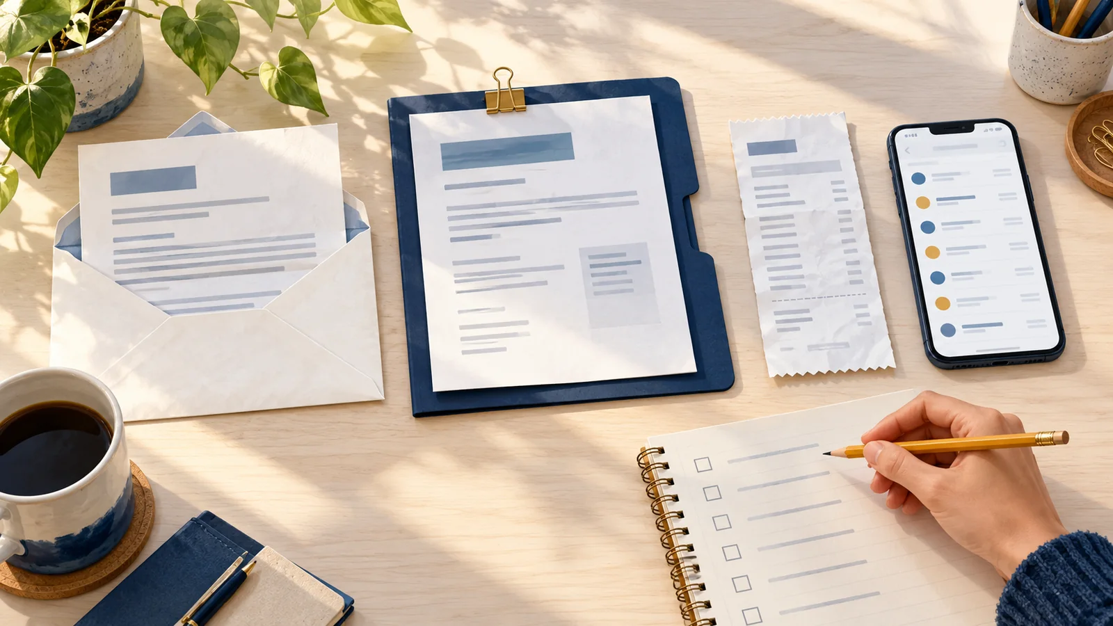 Illustration of a referral letter, correspondence folder and receipt arranged beside a phone and checklist.