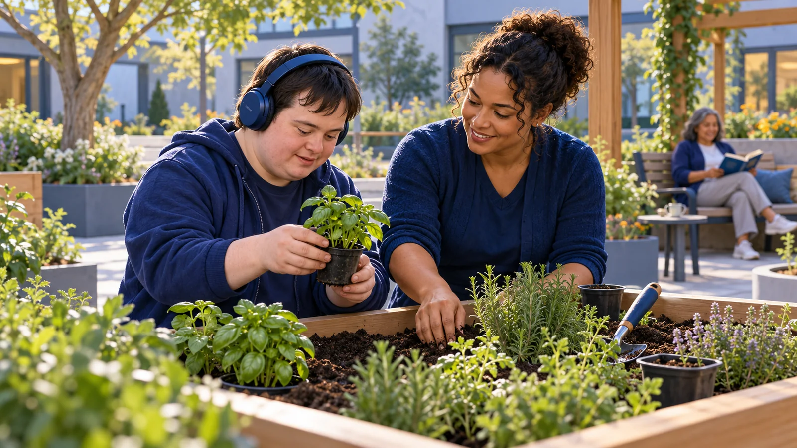 Illustration of an adult and support worker planting herbs while a family member reads on a bench in the background.