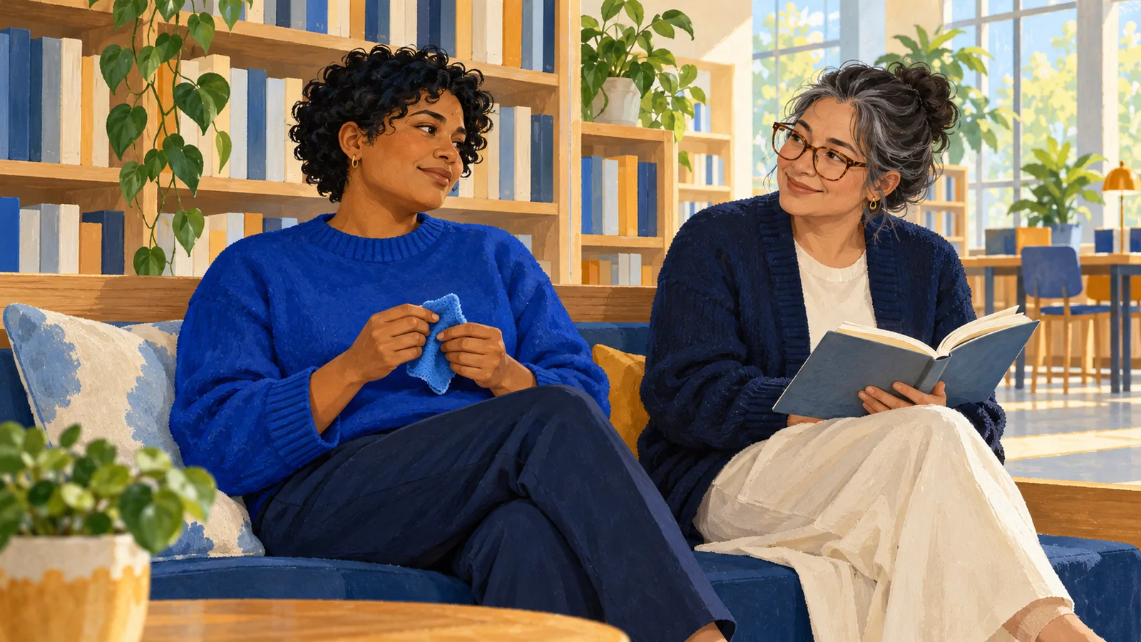 Illustration of an adult holding a small fabric square while listening to a friend in a library reading nook.