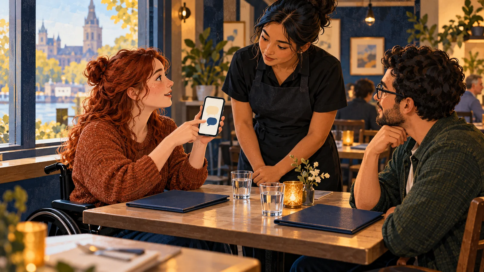 Illustration of a diner showing a phone to an attentive restaurant server while a companion listens.