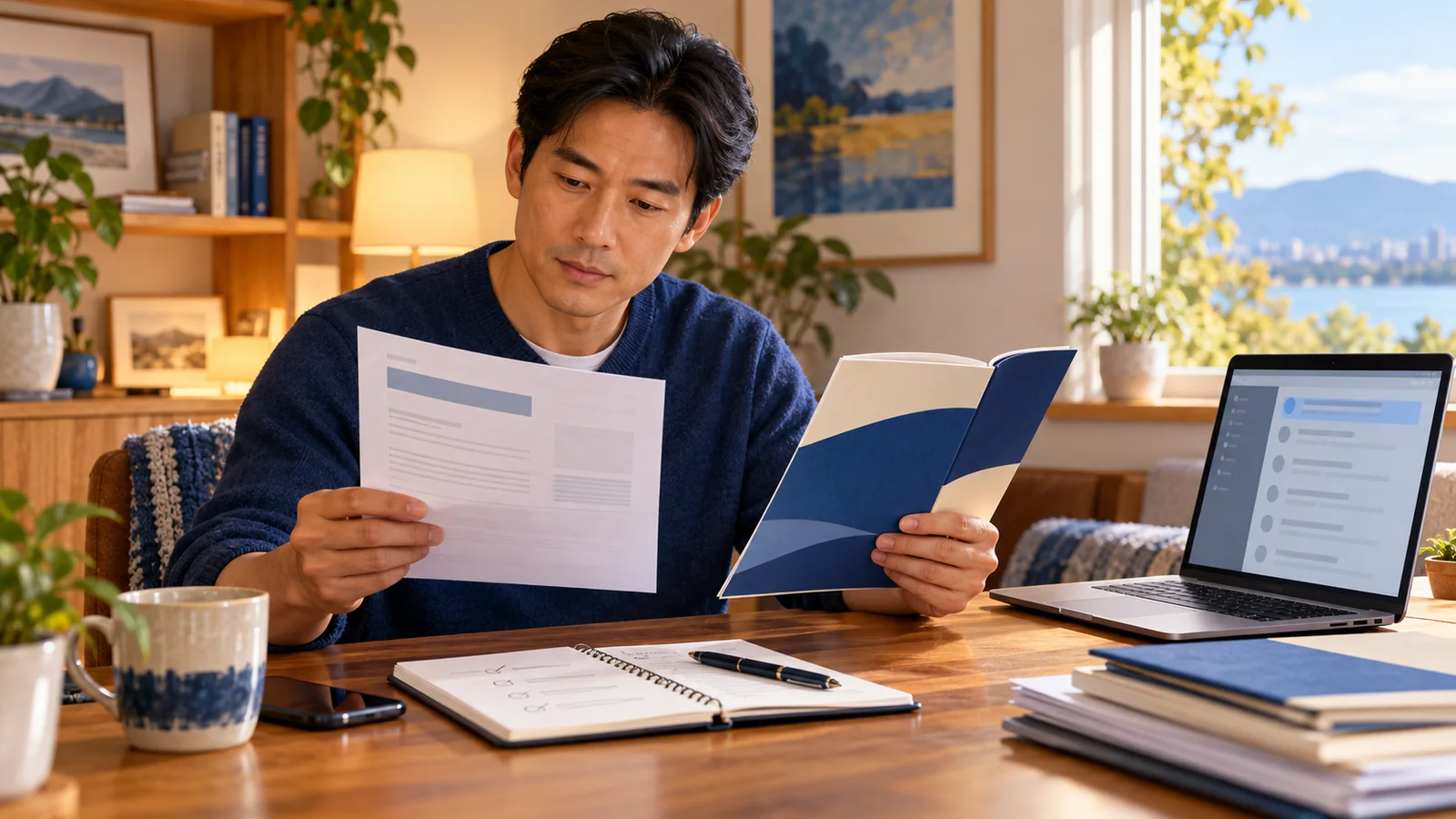 Illustration of an adult comparing an insurer decision letter with a policy booklet at a home desk.