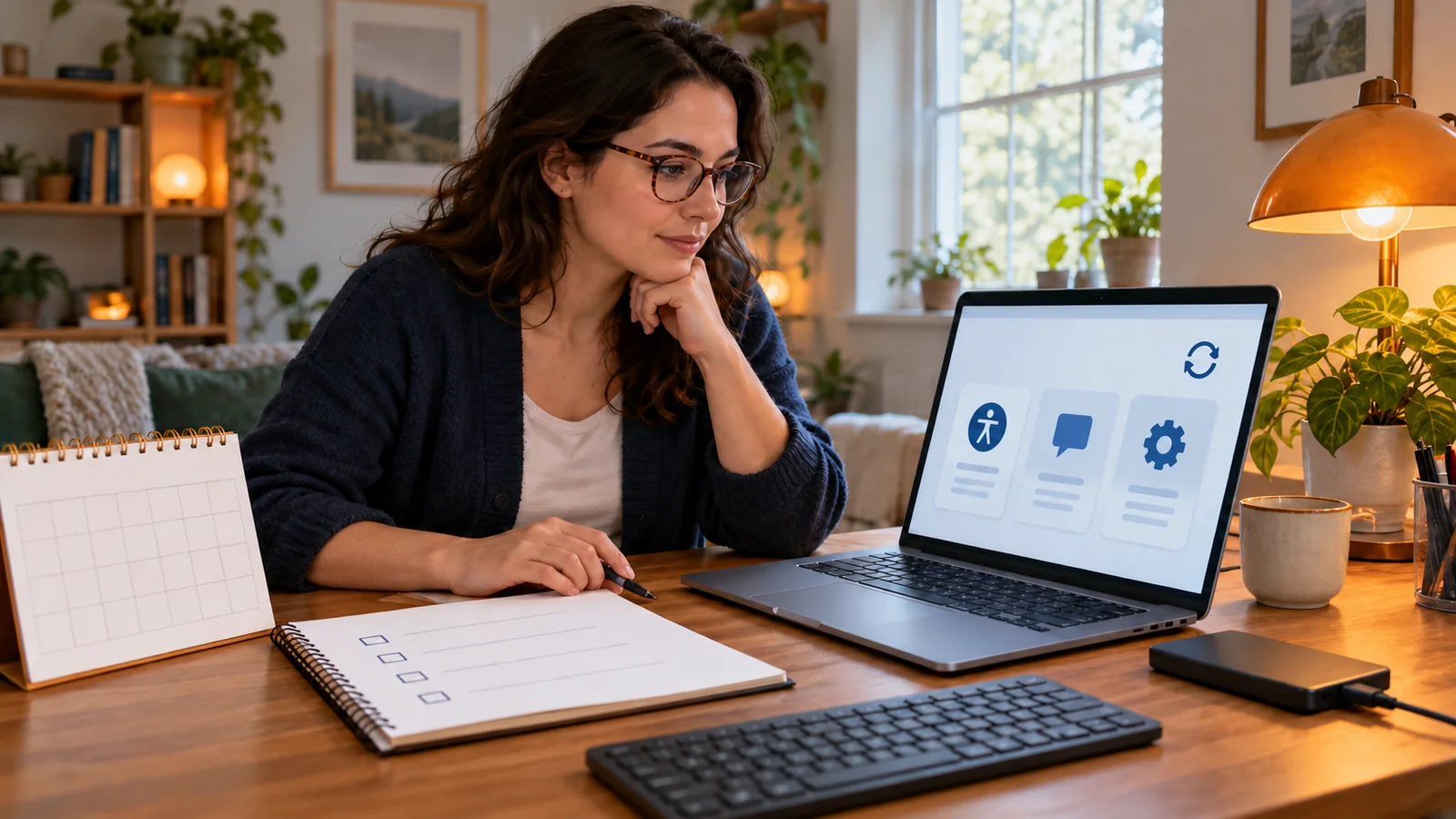 Illustration of a person reviewing software at a laptop beside a calendar, checklist and portable backup drive.