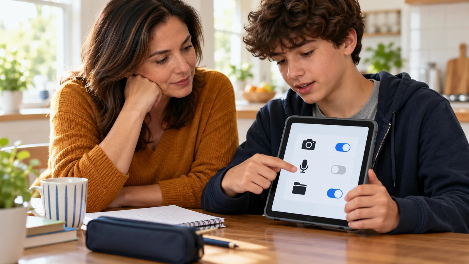 Illustration of a teenager and parent discussing generic camera, microphone and file permission icons on a tablet.
