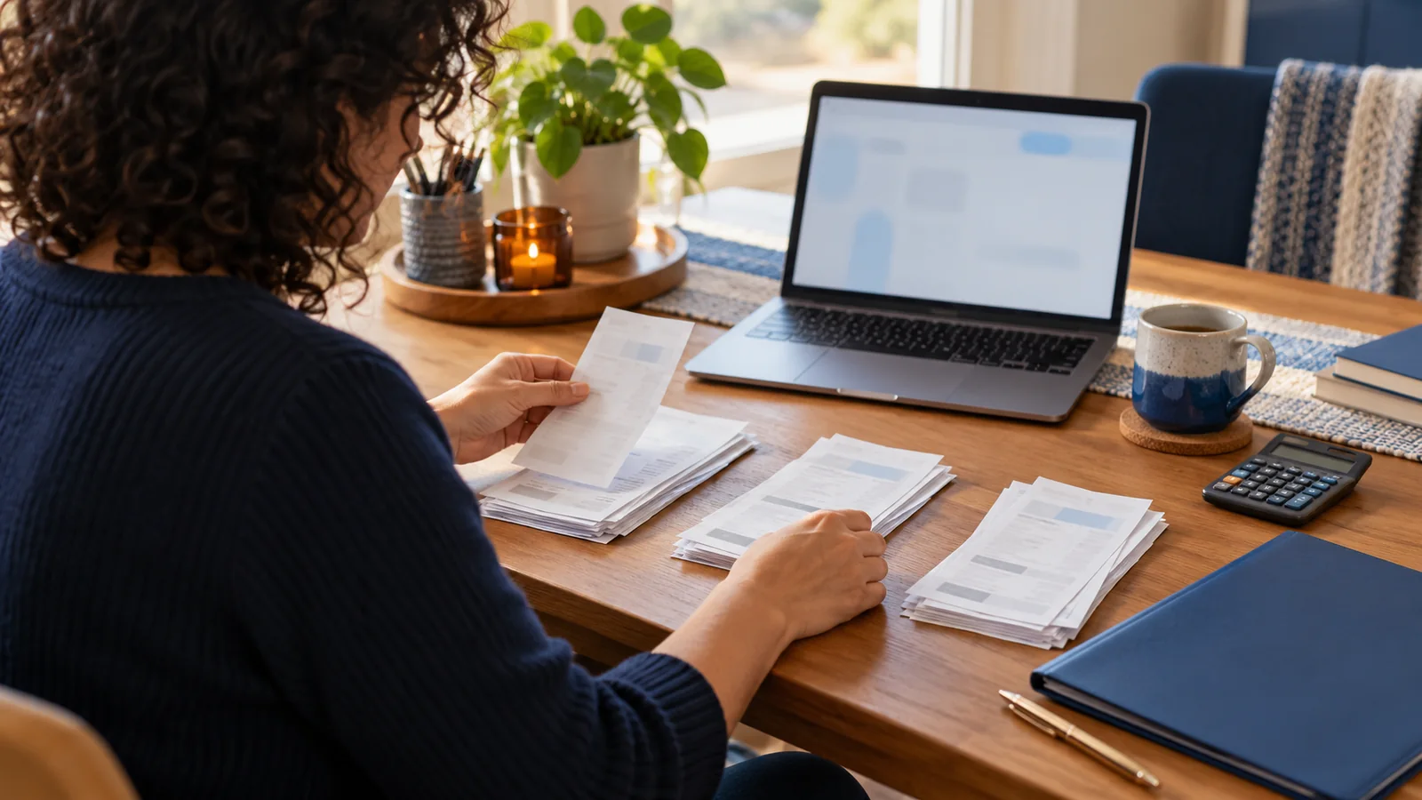 Illustration of an adult sorting receipts beside a laptop, calculator and blue folder.