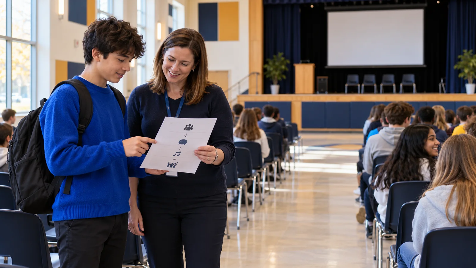 Illustration of a student and teacher reviewing an event sequence beside the aisle before a school assembly.