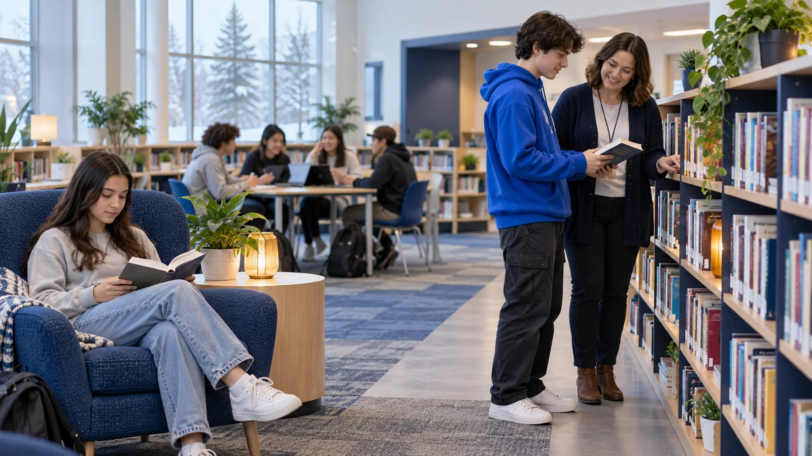 Illustration of a student choosing a library book with a teacher-librarian, with separate reading and group-work areas visible.