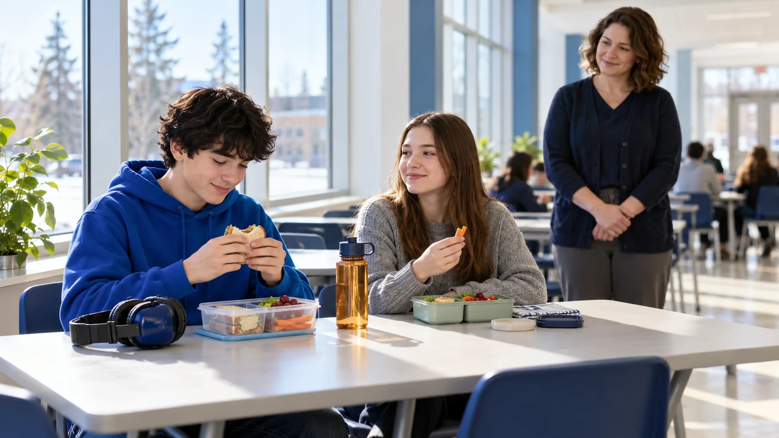 Illustration of two students eating packed lunches near cafeteria windows with a staff member nearby and hearing protectors on the table.