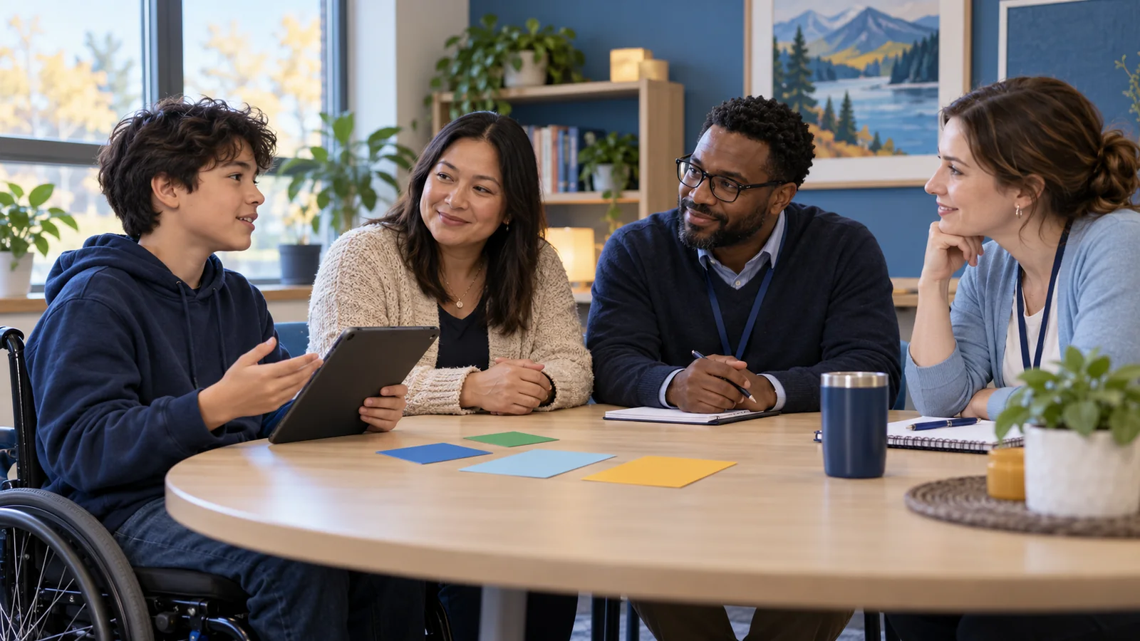 Illustration of a student using a tablet while a parent and two school staff listen at a meeting table.