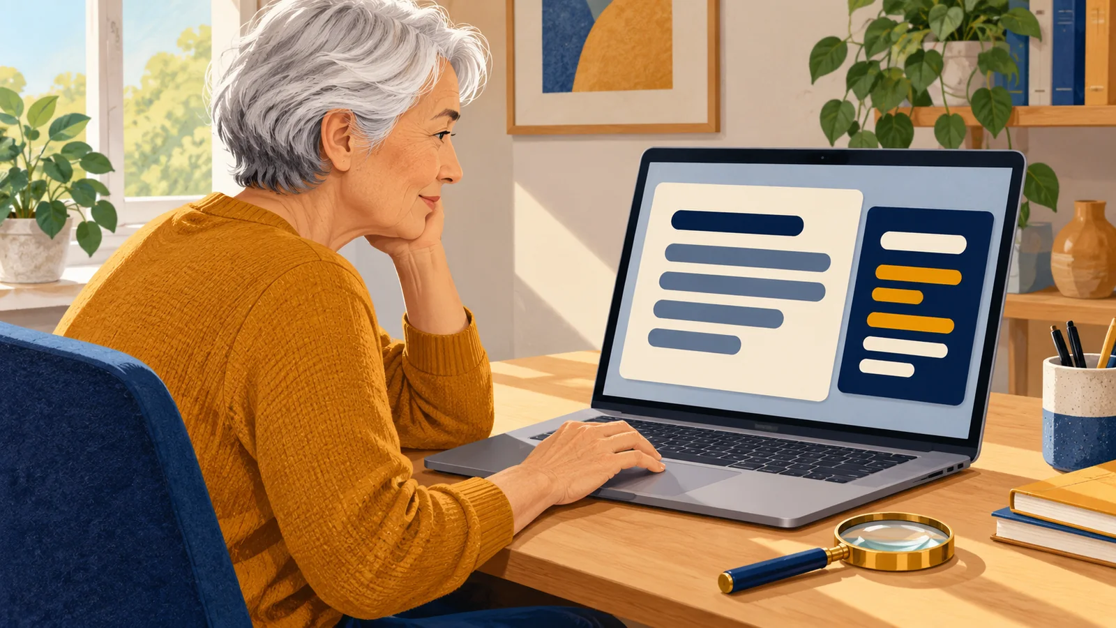 Illustration of an older adult exploring large text and light and dark display panels on a laptop.