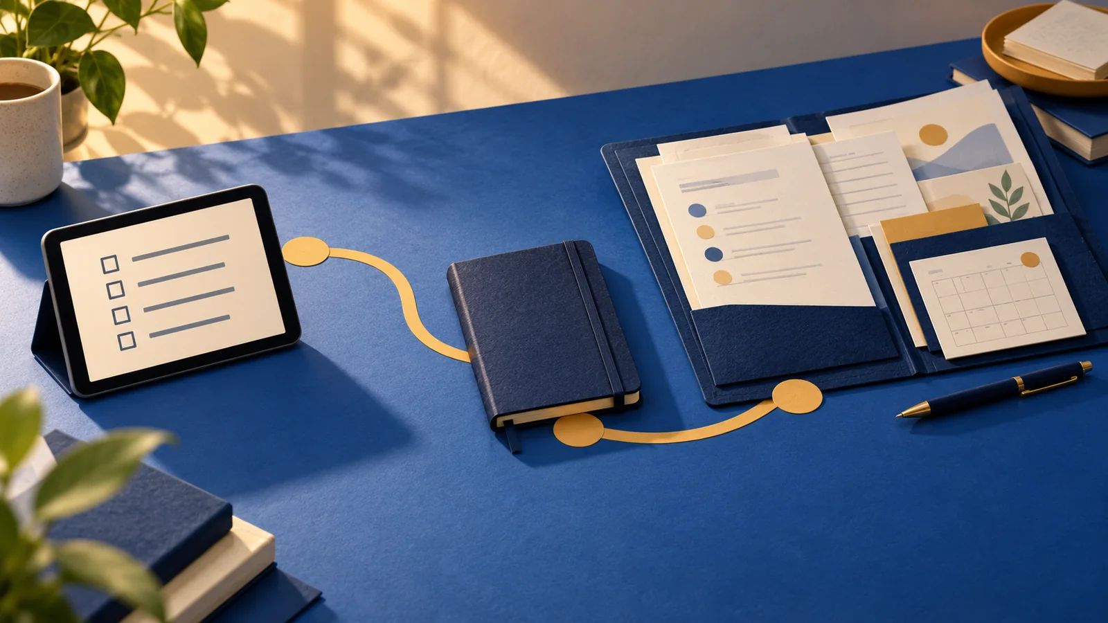 Illustration of a tablet checklist connected by an amber path to a notebook and a folder of different records.