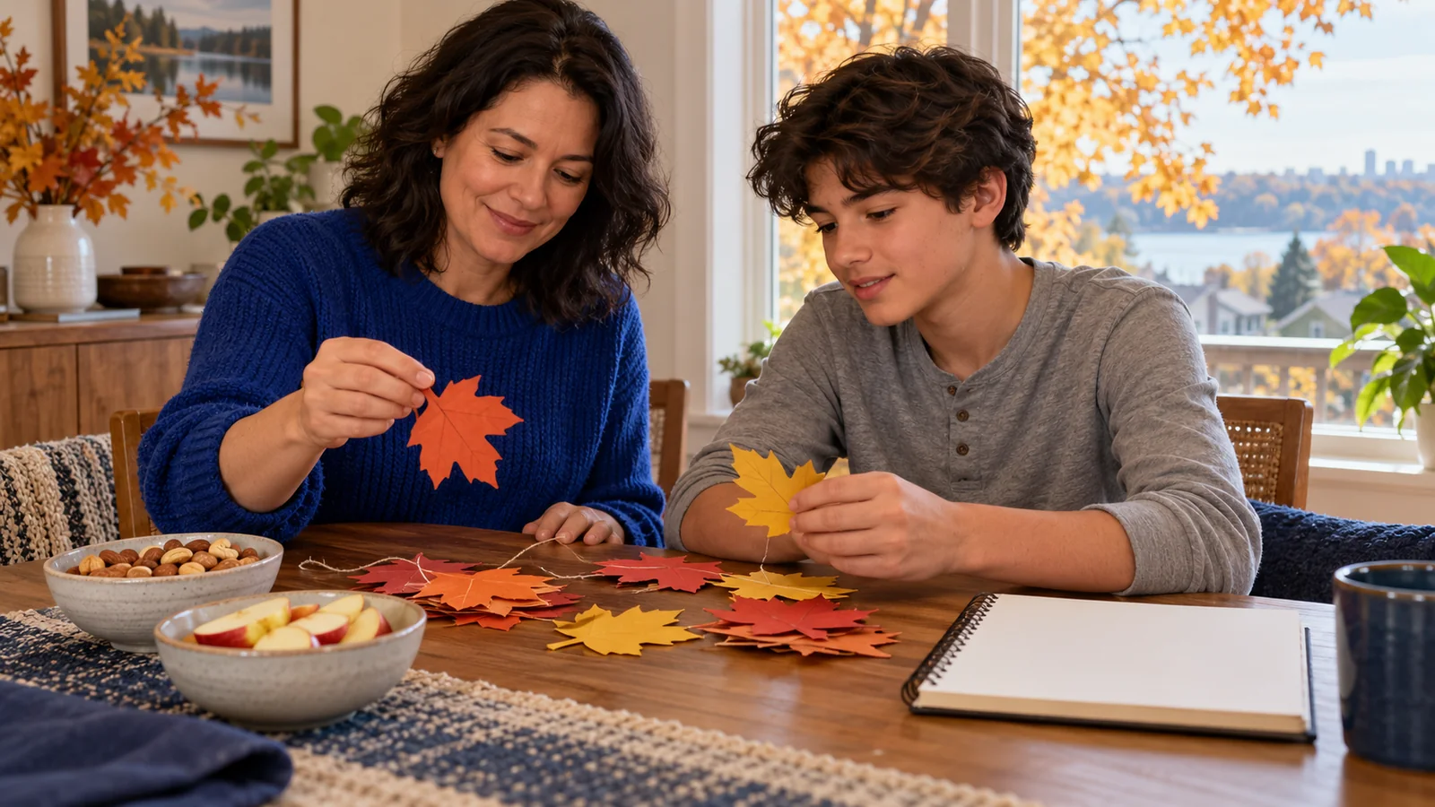 Illustration of a parent and teenager choosing simple paper autumn decorations together at a table.