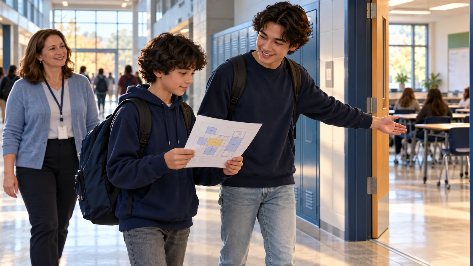 Illustration of a teenager consulting a school map while an older student indicates a classroom doorway.