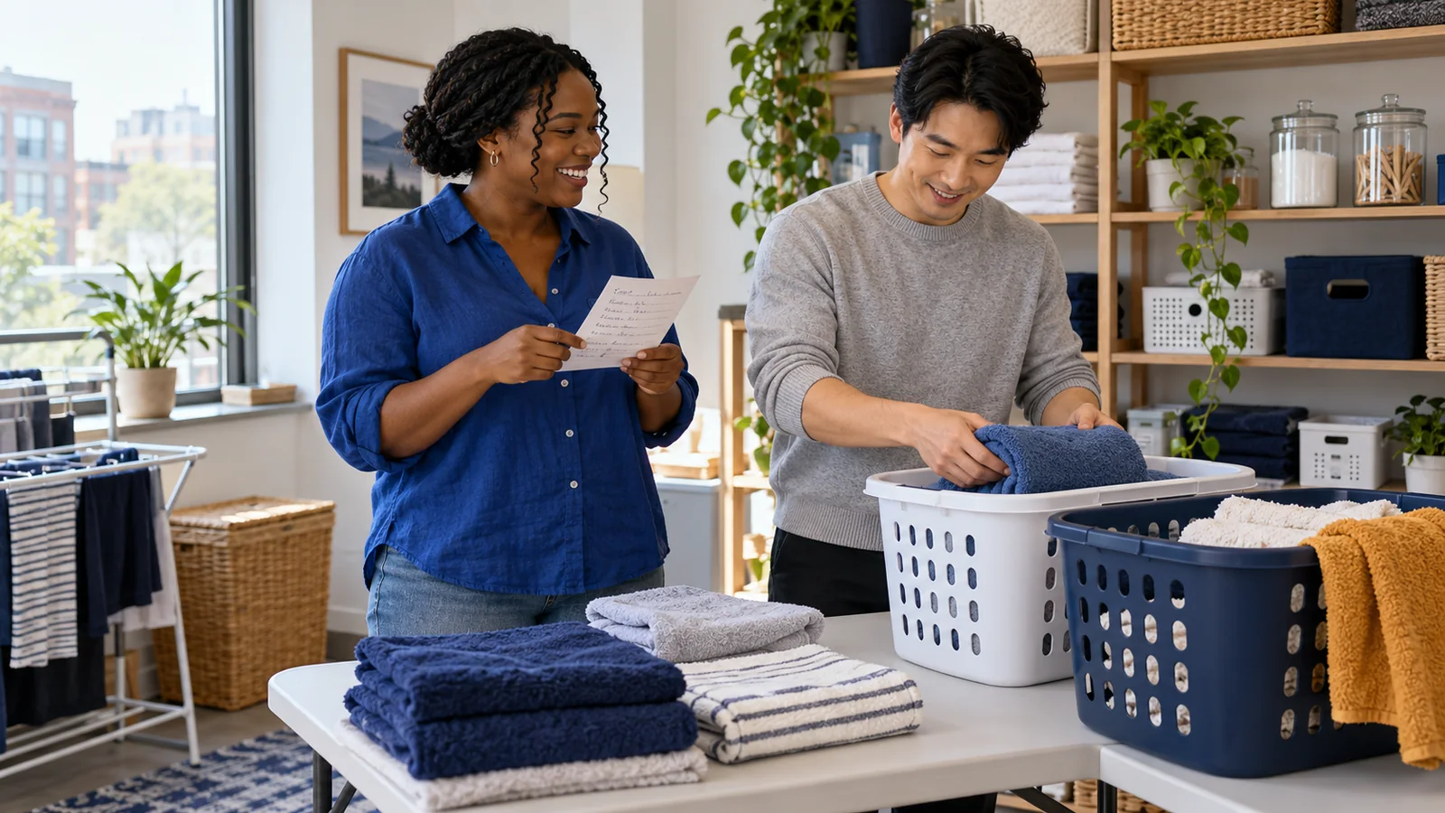 Illustration of two adult housemates using a checklist while sorting folded laundry into baskets.