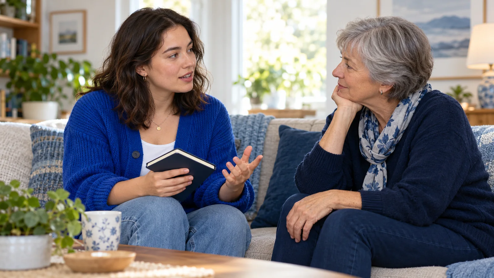 Illustration of an adult holding a notebook while talking with an older relative in a quiet living room.
