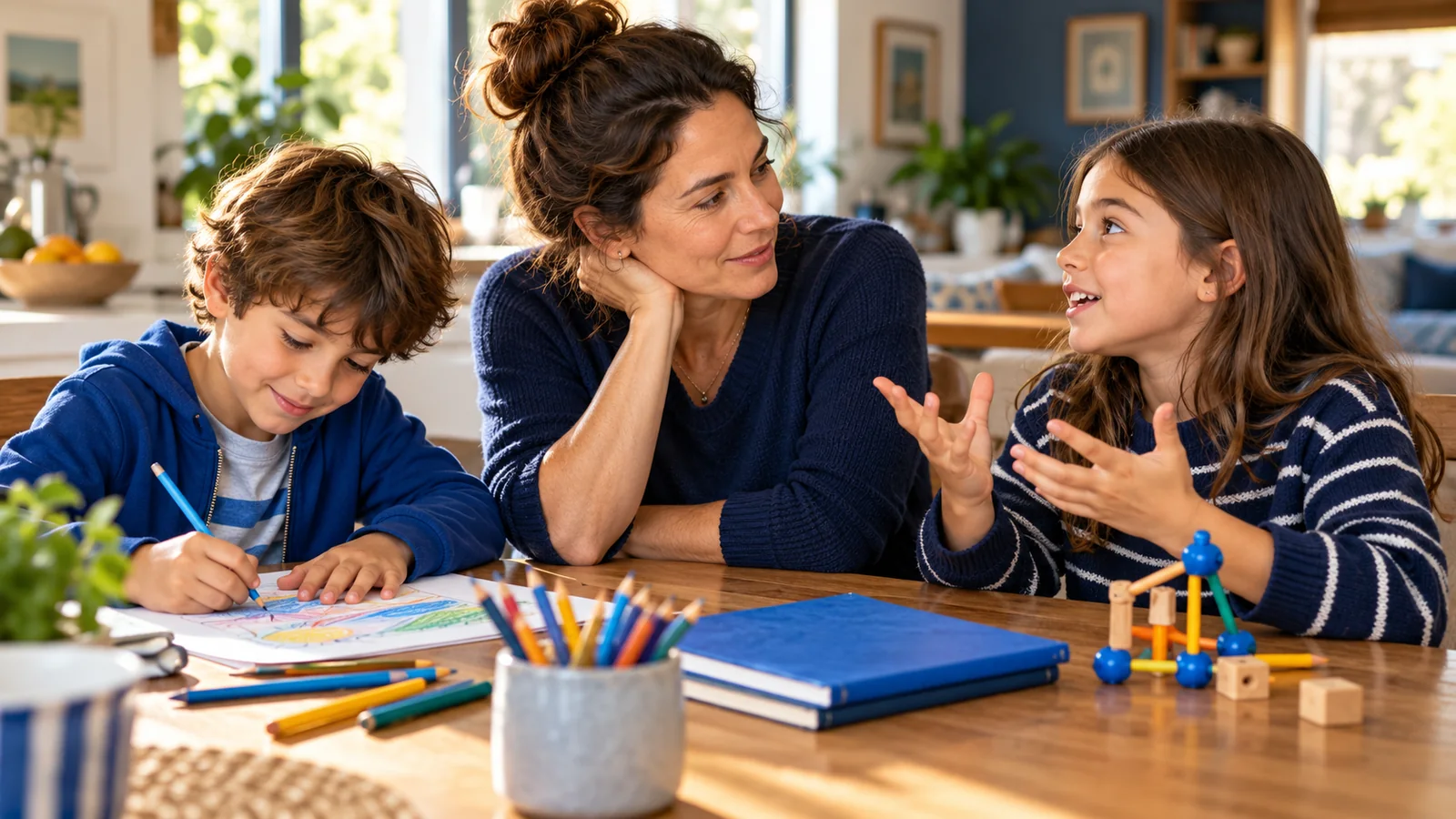 Illustration of a parent listening to two children during a relaxed conversation at the kitchen table.