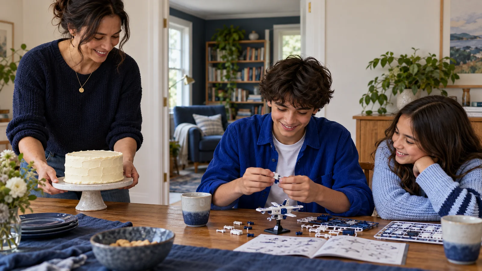 Illustration of two young people enjoying a model-building activity at a small family birthday gathering.