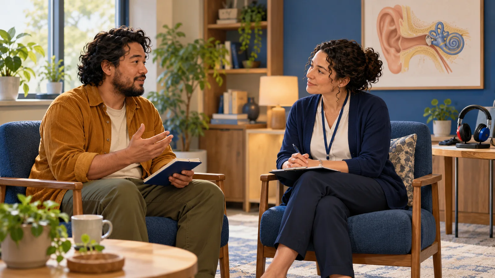 Illustration of an adult discussing sound sensitivity with an audiologist in a quiet consultation room.