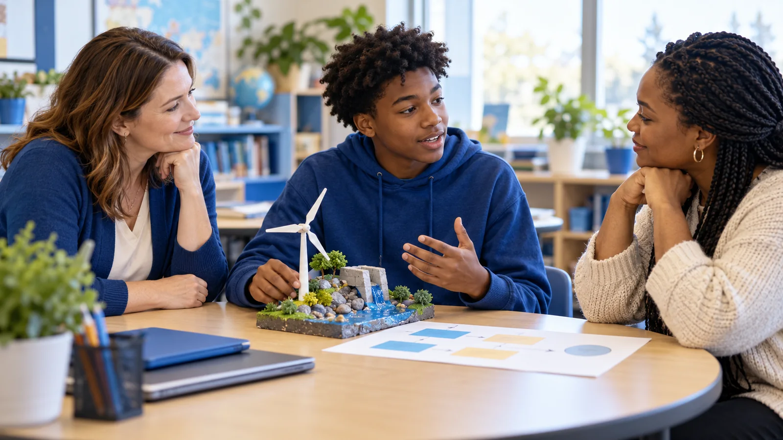 Illustration of a teenager explaining a science model to two adults during a school planning conversation.