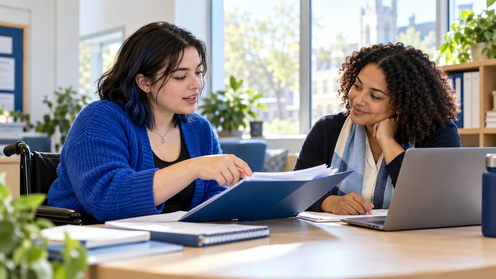 Illustration of a college student reviewing application papers with an accessibility adviser.