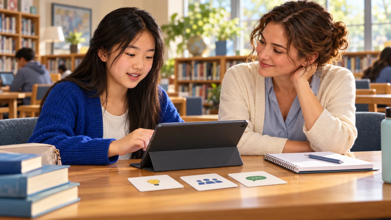 Illustration of a teenage student using a tablet to share ideas with an educator in a school library.