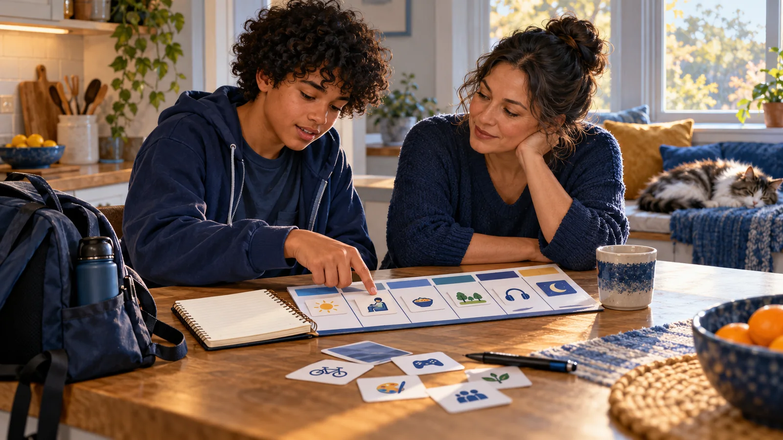 Illustration of a teenager and parent preparing a simple visual planner and notebook together at home.