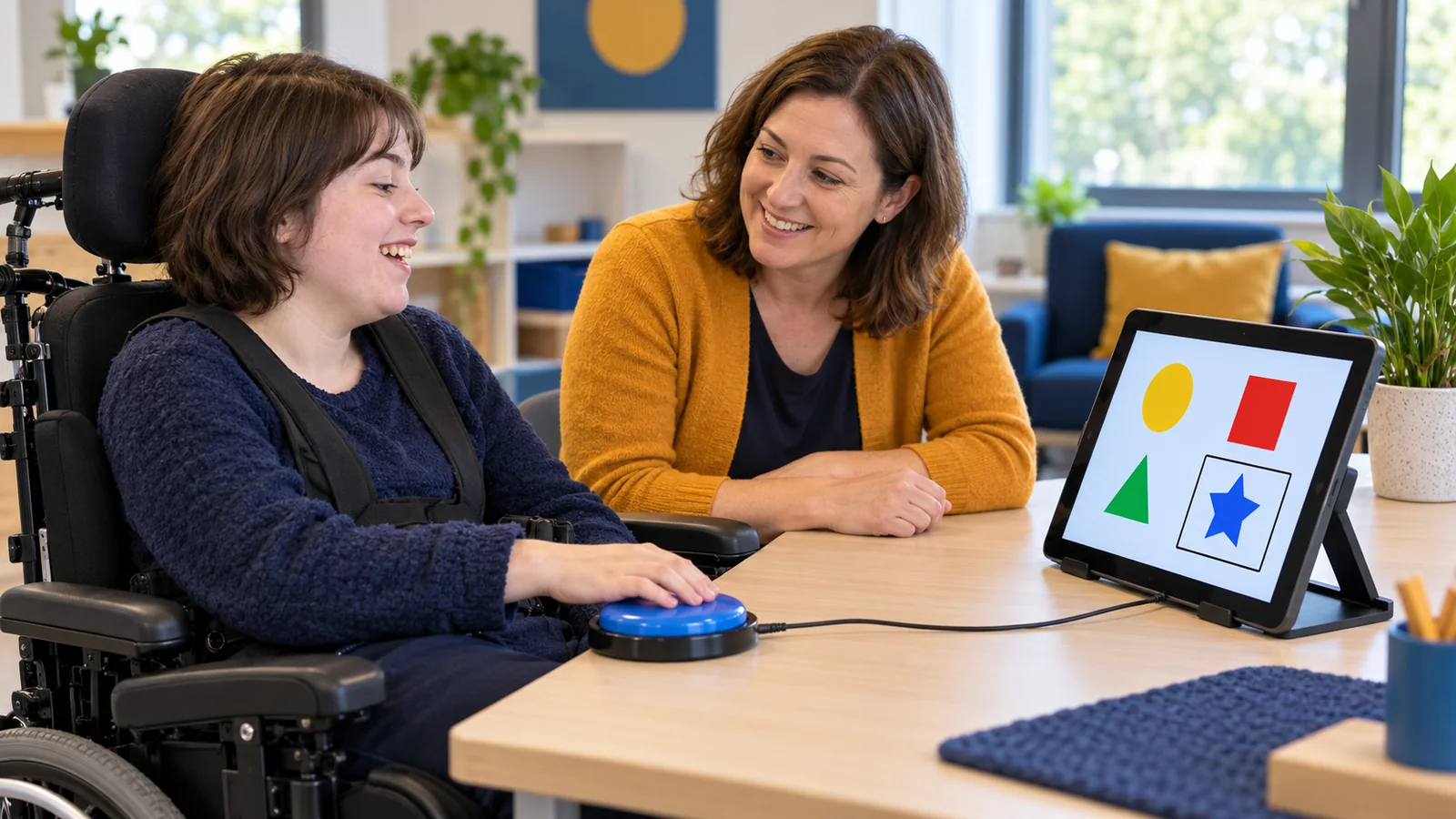 Illustration of a wheelchair user operating a blue desktop switch beside a tablet during a supported technology trial.