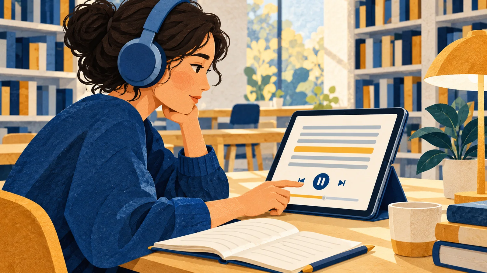 Illustration of a reader using headphones and a tablet with an abstract highlighted passage.