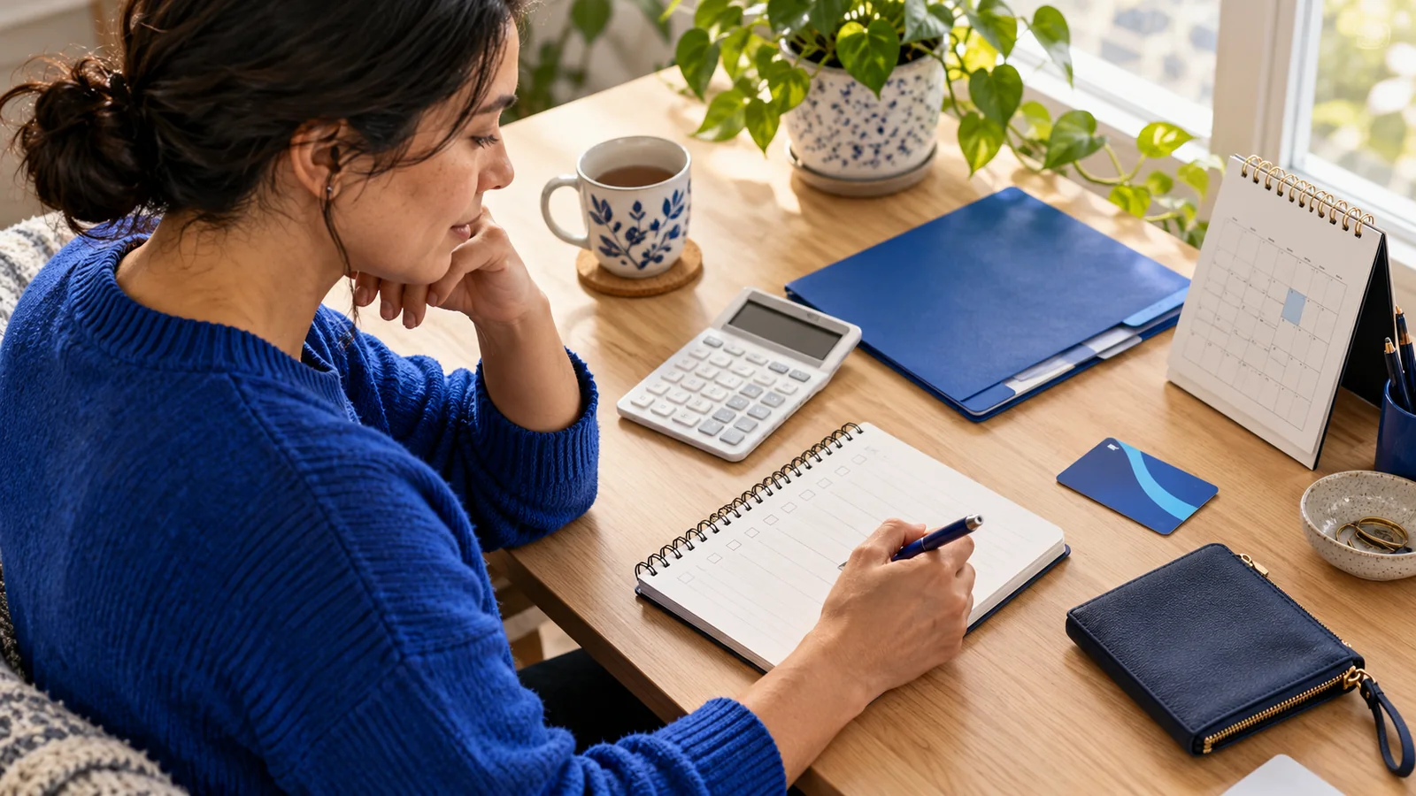 Illustration of an adult reviewing an appointment budget with a notebook, calculator and calendar.