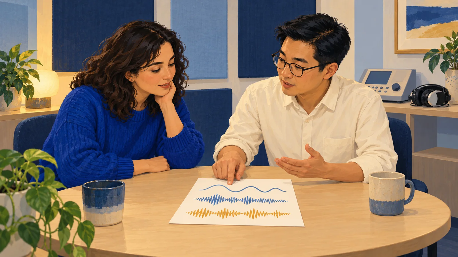 Illustration of an adult and audiologist discussing abstract sound-wave patterns, with unused hearing-test equipment nearby.