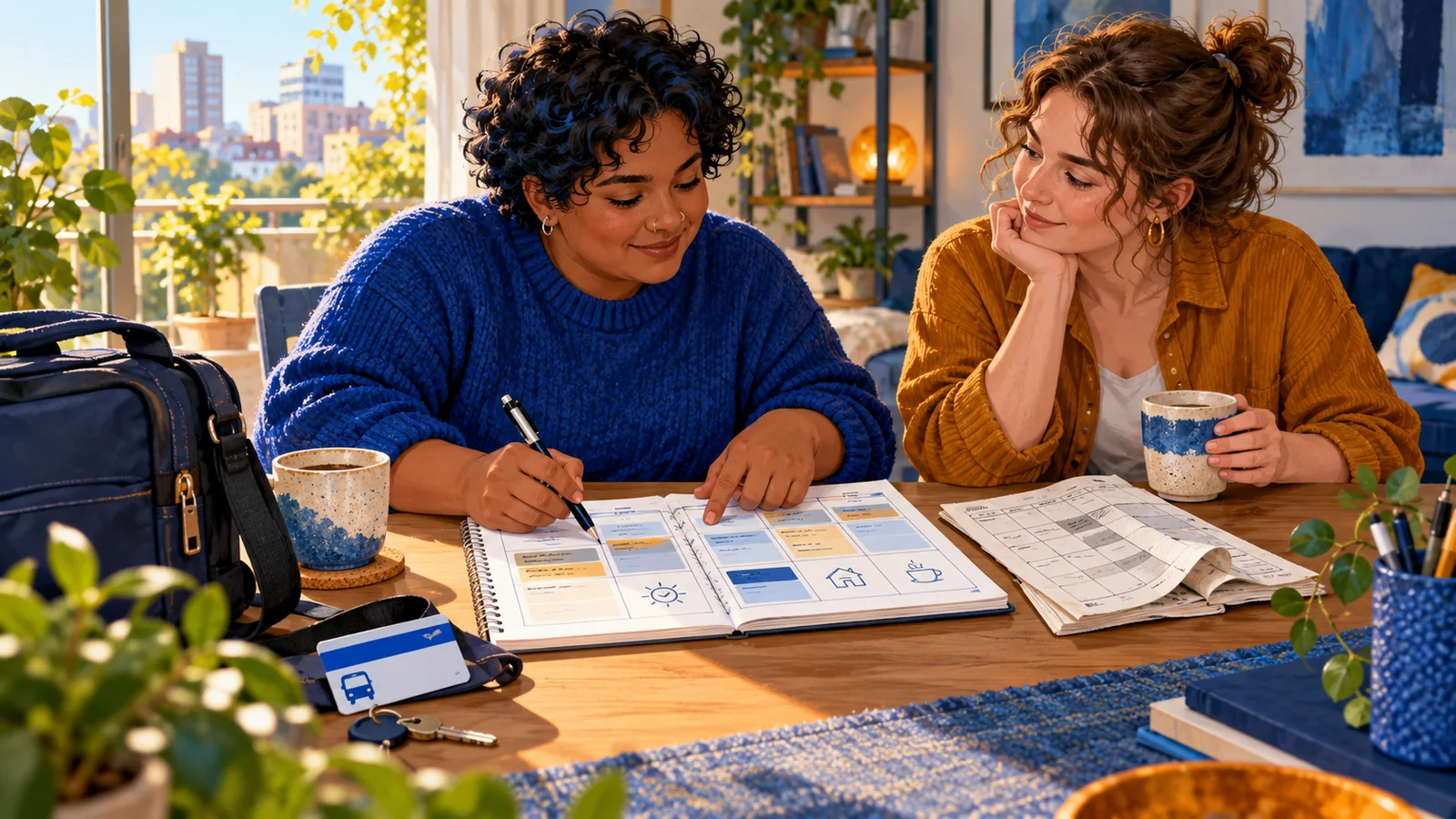 Illustration of an adult revising a weekly support planner with a chosen friend, with a work bag and transit card nearby.
