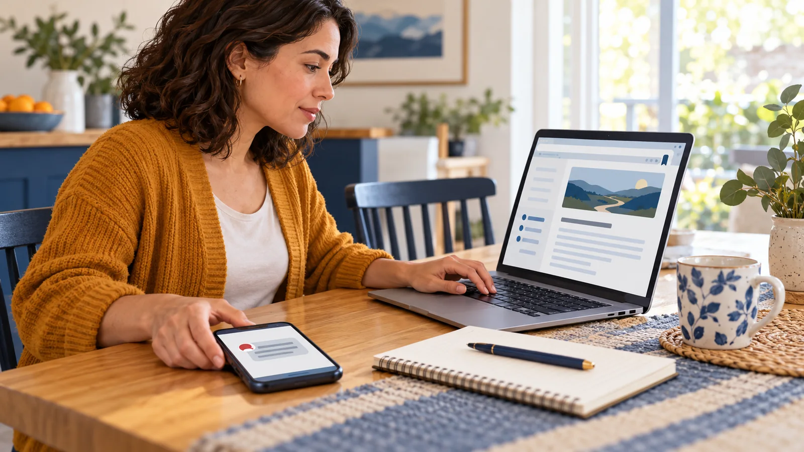 Illustration of an adult setting down a phone message while checking an information page on a laptop.
