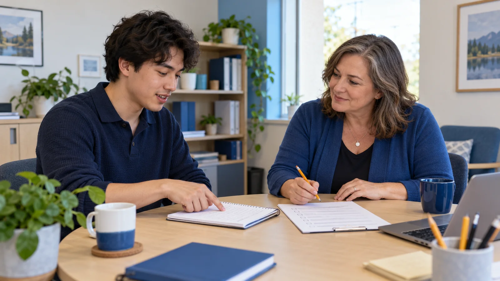 Illustration of a new employee and supervisor discussing a written task checklist at a meeting table.
